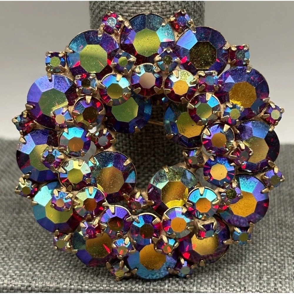 Vintage Huge Multicolor Aurora Borealis Rhinestone Wreath Brooch Gold Tone